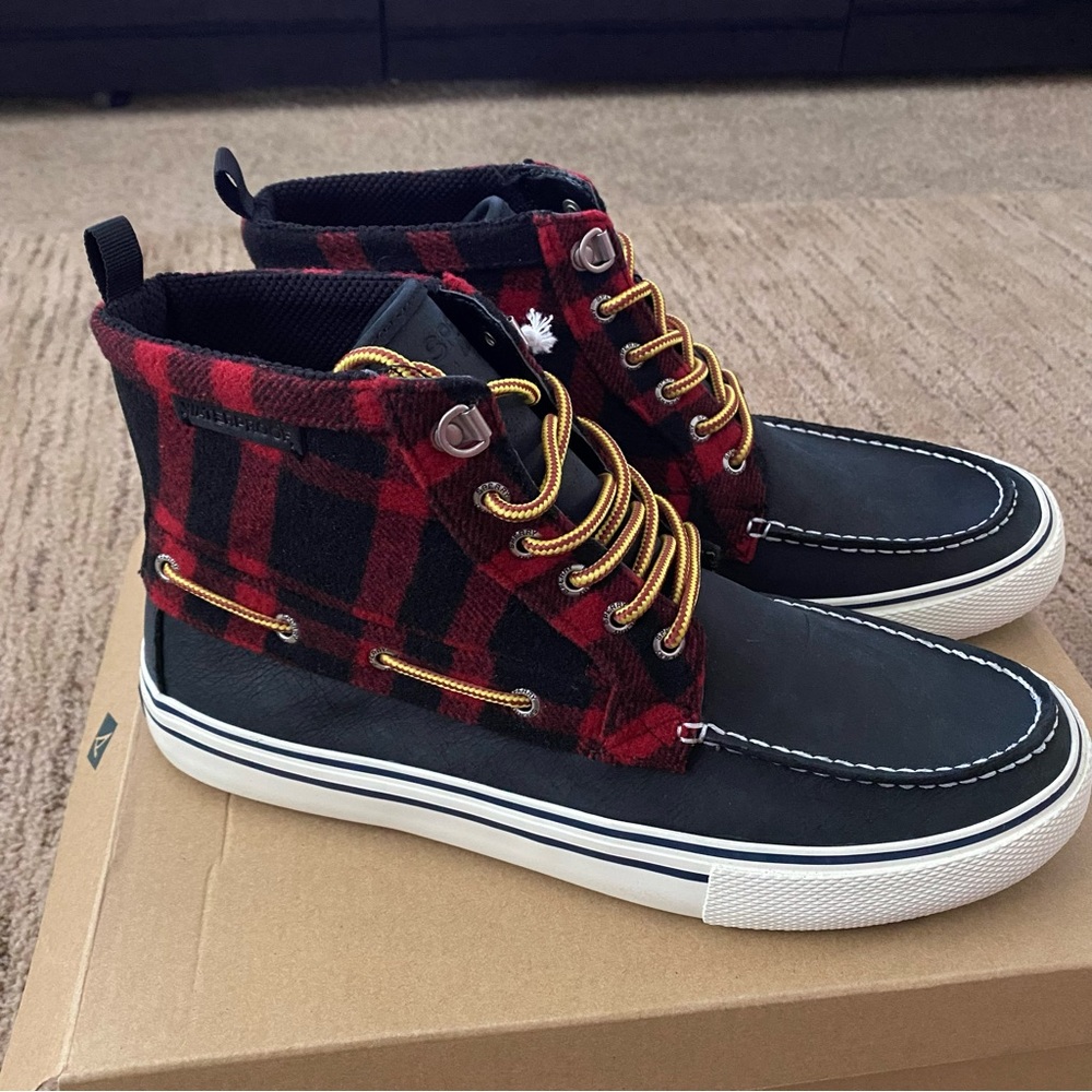 Sperry Mens Size 9.5 Bahama Waterproof Red Black Checkered Storm Boots STS23092